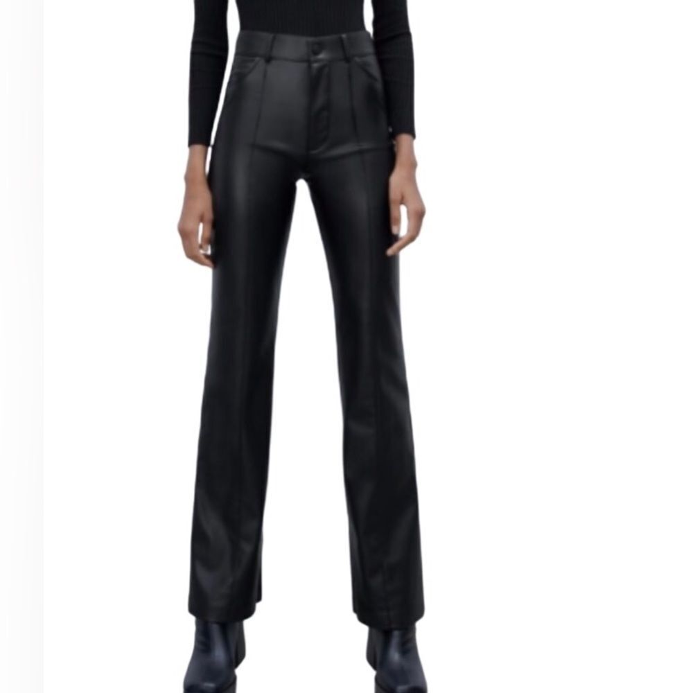 Zara Vegan Leather High Rise Straight Leg Pants in Black Women’s L